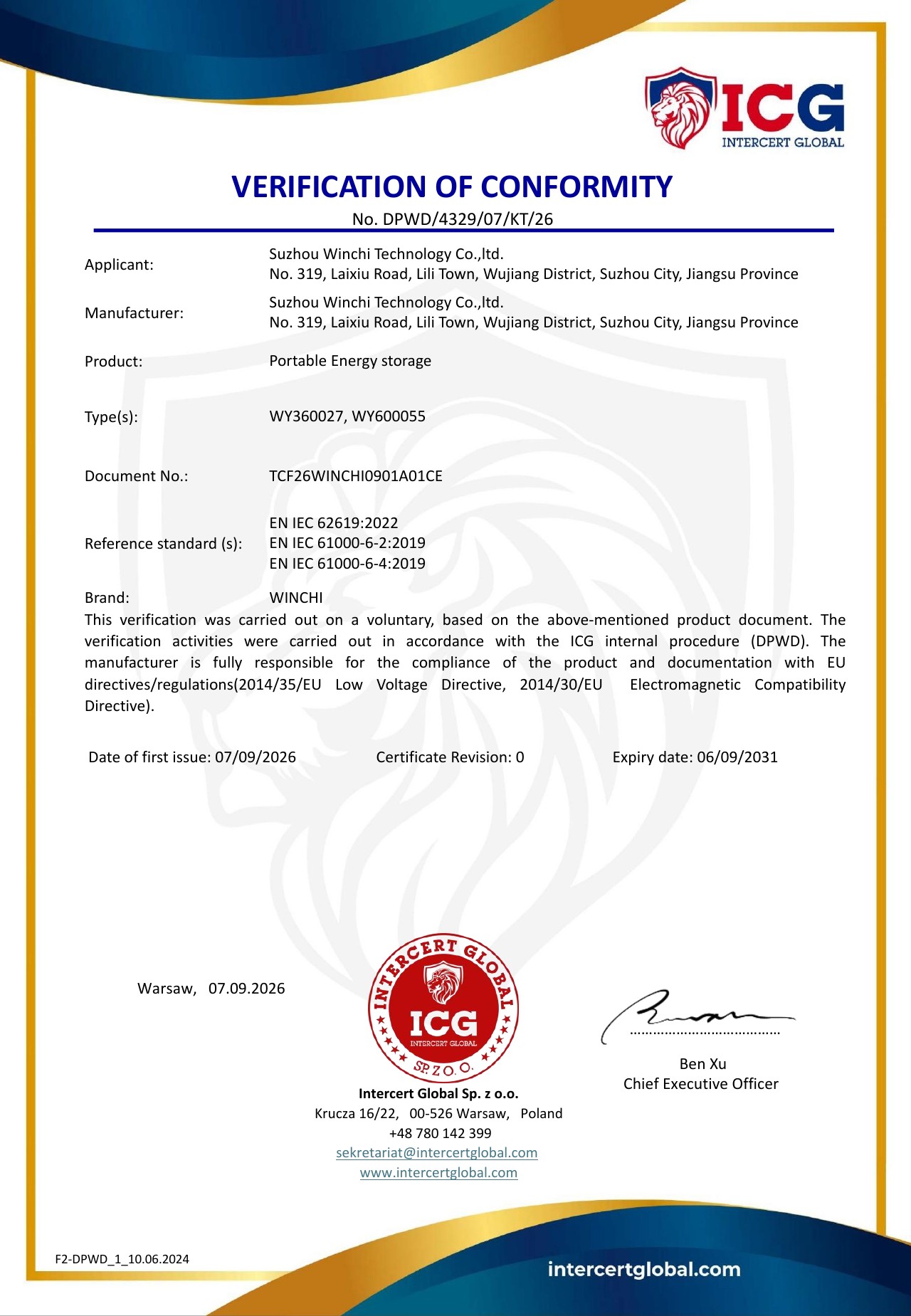 WINCHI portable energy storage CE verification of conformity